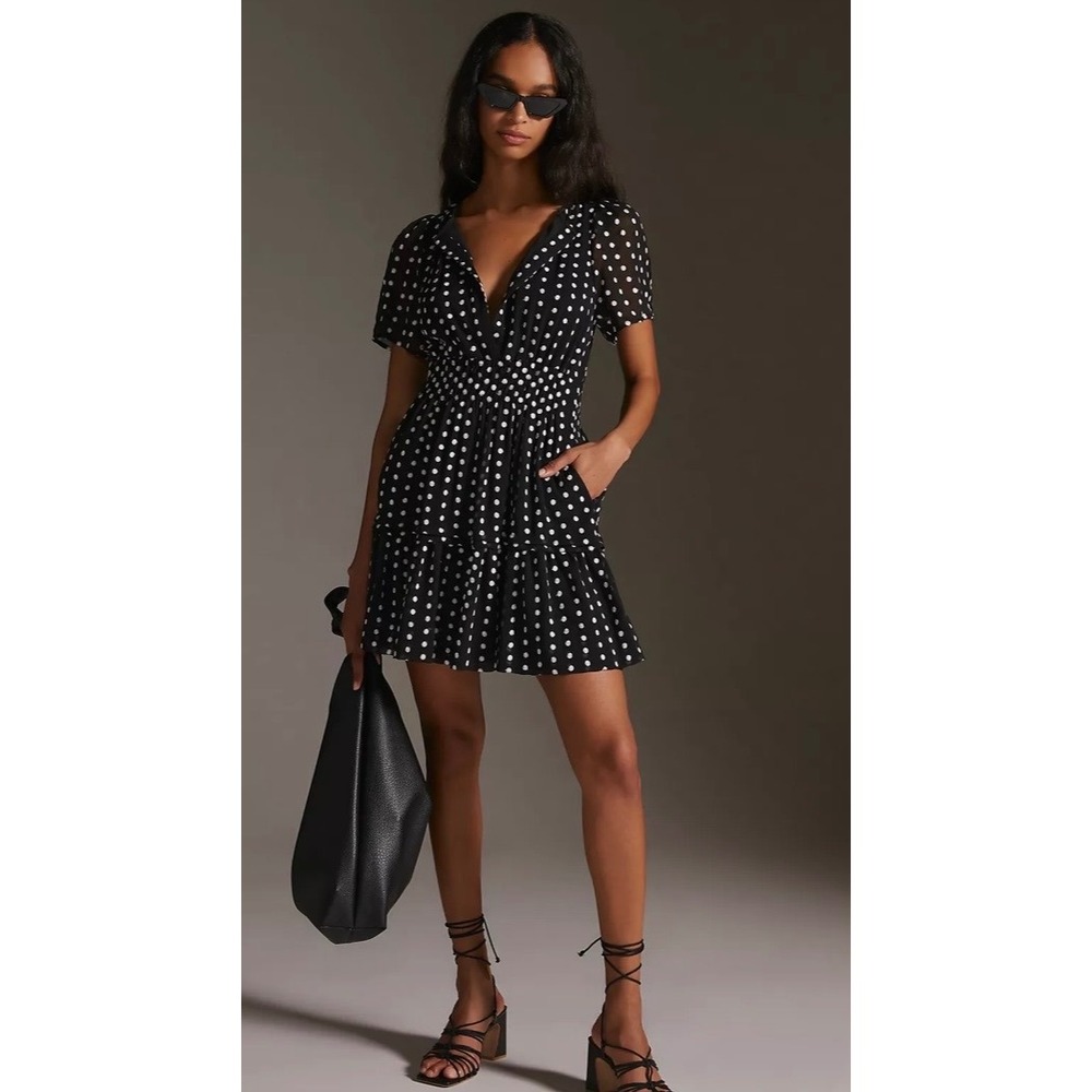 Anthropologie The Somerset Mini Dress Black White Polka Dot Size Small